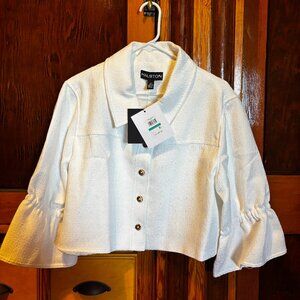 Halston Cream Cropped Collared Jacket with Ruffle Sleeves Size 16 New With Tags